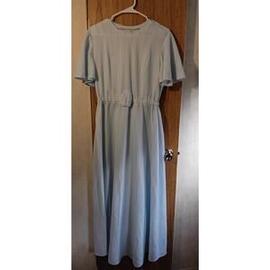 Vintage Blue Textured Maxi Dress Est Sz L Modest Housecoat 70s 80s Cottagecore